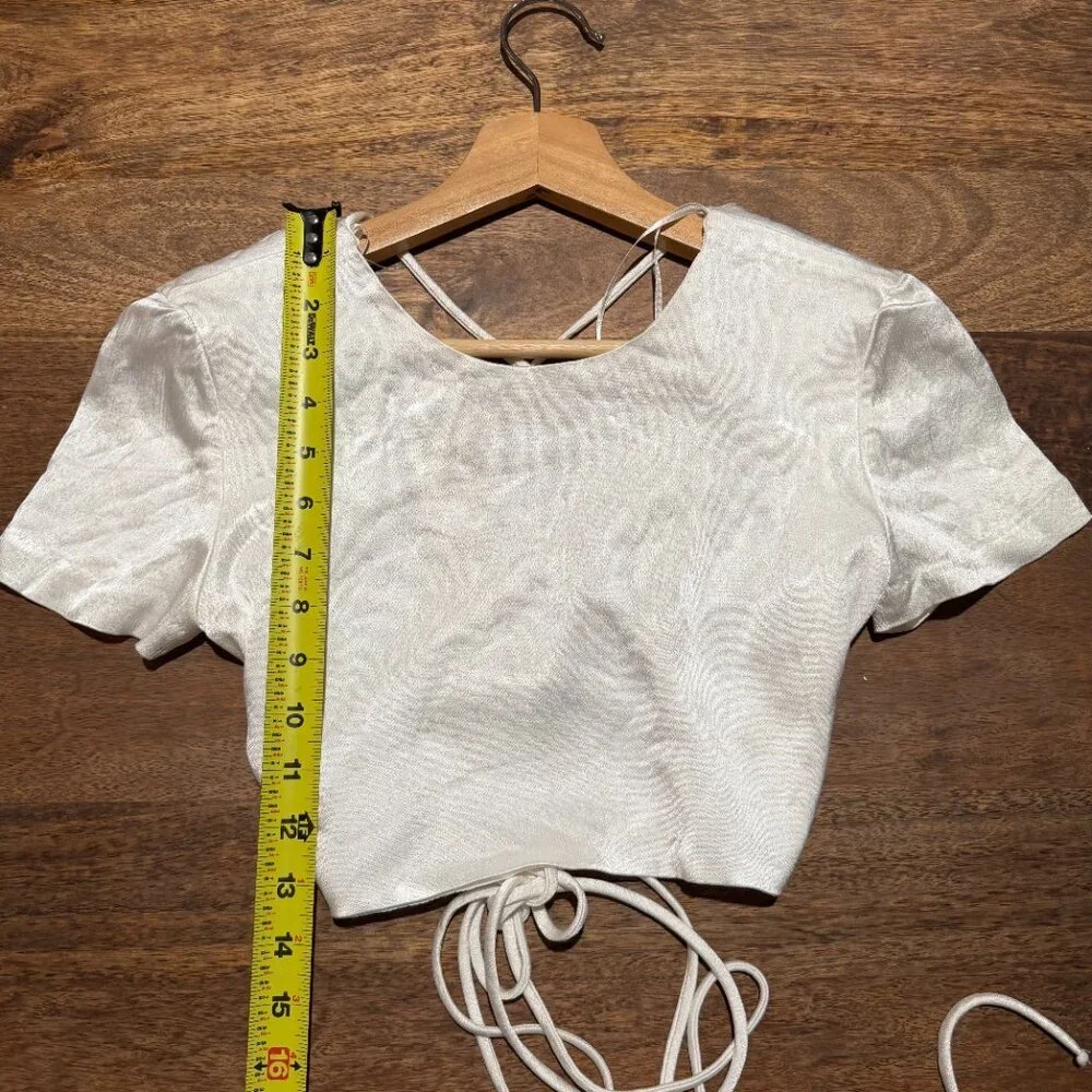Zara White Satin Crop Top Tie Back Short Sleeve Size M EU 38 - Picture 5 of 7